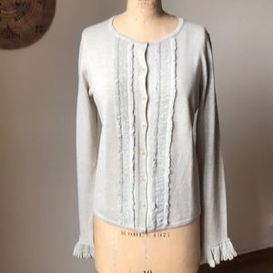 DKNY 100% Merino Cardigan w/ ruffled front & cuff